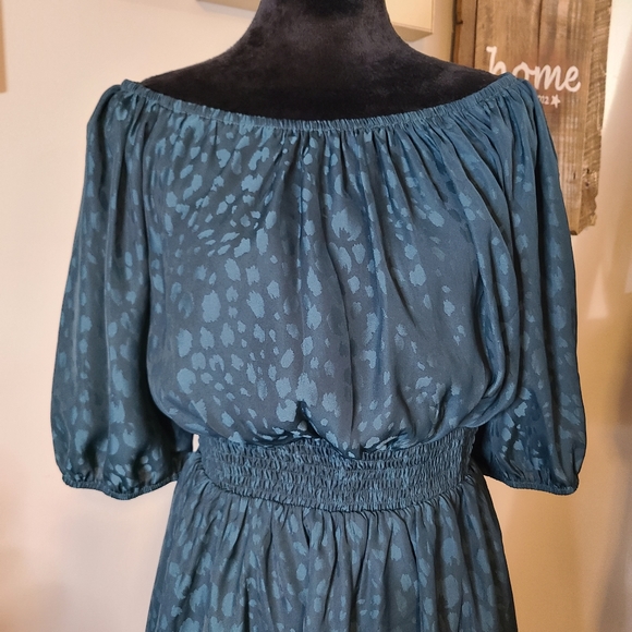 Sadie & Sage Blue Green Smocked Waist Balloon Sleeve AOP Satin Dress Womens M - Picture 4 of 9